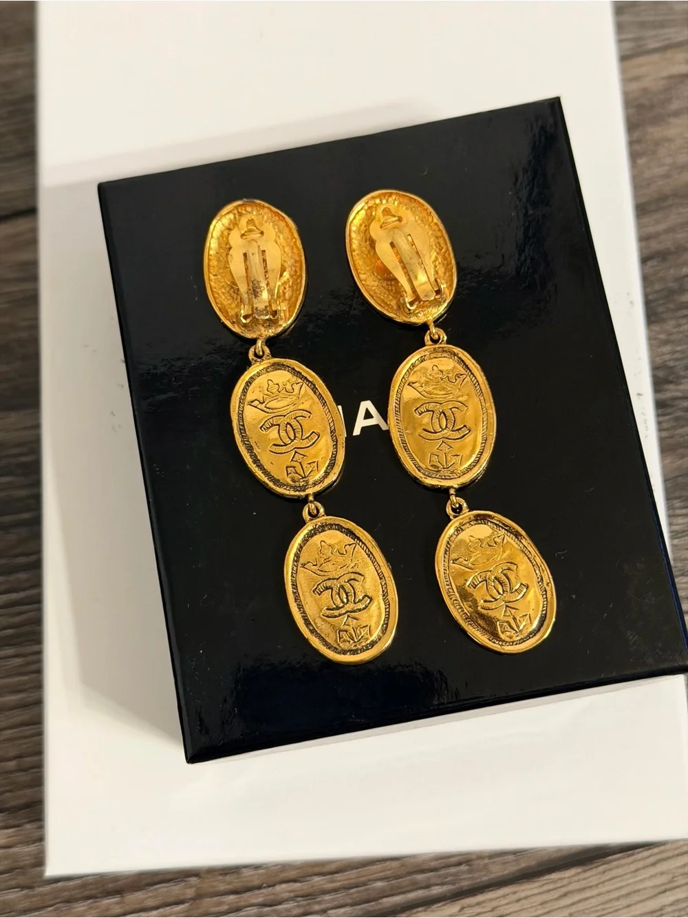 CHANEL Vintage Gold CC Crown Oval Drop Clip On Earrings